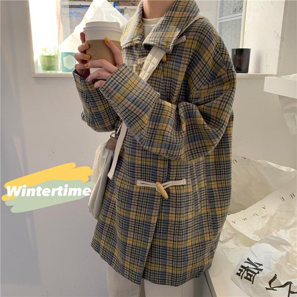 

women's jackets contrast plaid wool coat advanced design windbreaker winter middle long fashion, Black;brown