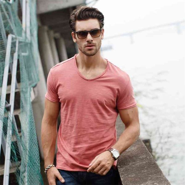 

summer new men's short sleeve t-shirt 100% cotton v-neck solid color slim fashion bottomed basic tees c0032 210322, White;black