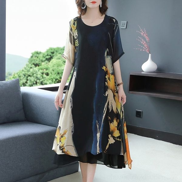 

egz 2020 summerplus size dresses loose size women's middle aged temperament broad wife skirtsummer long skirt thin print long dress