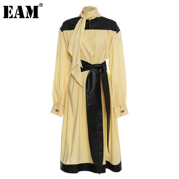 

[eam] women spliced pu leather pleated bow big size dress v-collar long sleeve loose fit fashion spring autumn 1dc281 21512, Black;gray
