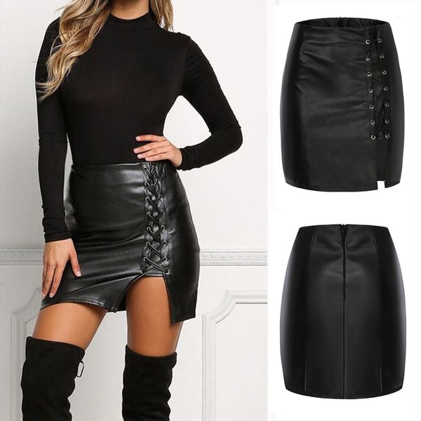 

fashion solid color cross womens skirts strap high waist short leather plus size black