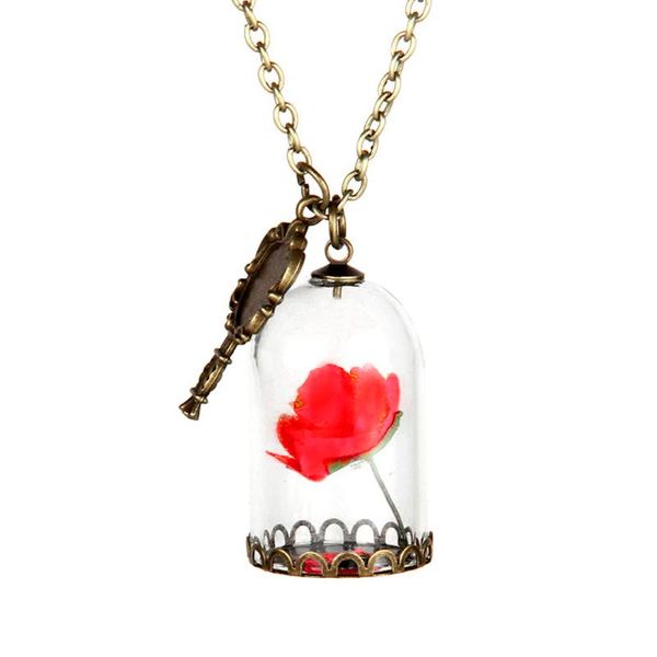 

chains fashion necklace enchanted rose in terrarium pendant plated valentines day fairy tale victorian jewelry, Silver