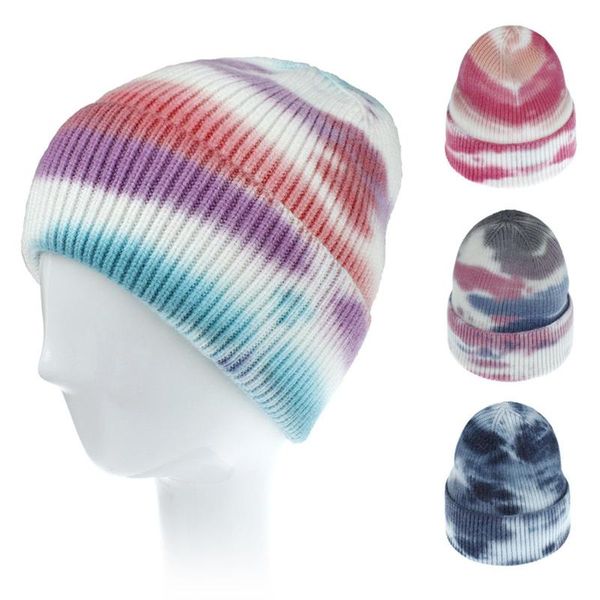 

berets winter autumn warm keeping tie-dye ribbed dome knitted hat sports hats for women beanie caps, Blue;gray
