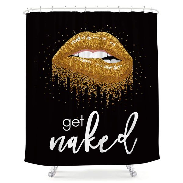 

get naked shower curtaingolden lips black alphabet script funny fashion kiss background fabric waterproof home bathtub