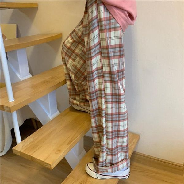 

harajuku plaid summer vintage women pants oversize straight casual loose trousers korean fashion wide leg pink, Black;white