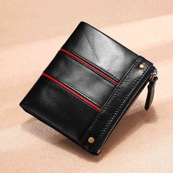 

rfid anti-theft brush head leather men's wallet double zipper zero, Red;black