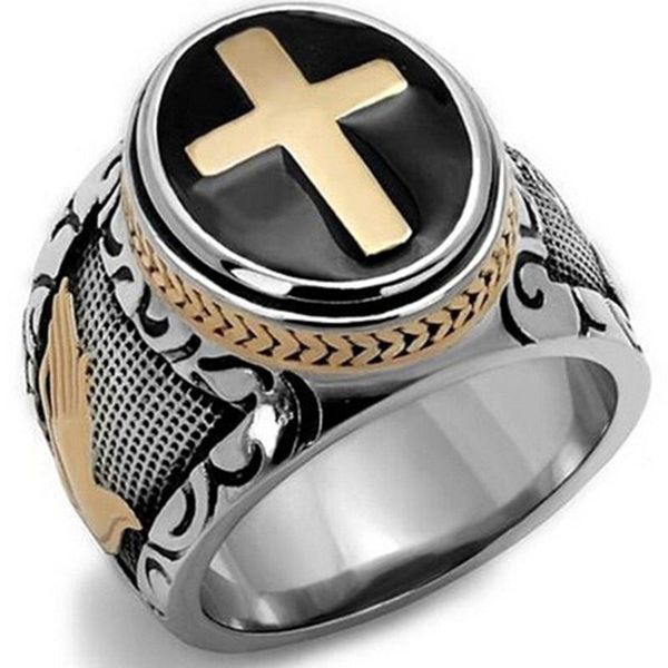 

cluster rings fashion male cross two-tone ring punk cool black oil painting hand of god finger hip hop jewelry z3p497, Golden;silver