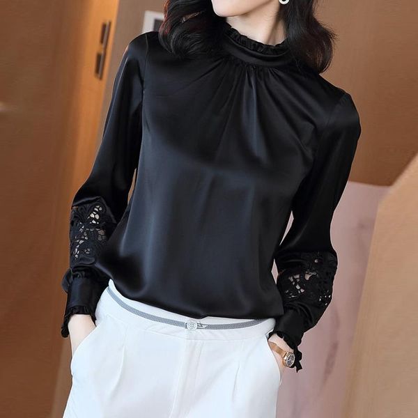 

women's blouses & shirts autumn black waist pullover one-shoulder silk temperament commuter long-sleeved off-shoulder stand-collar soli, White