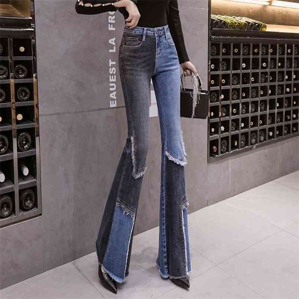 

vintage patchwork flare stretch jeans ladies high waist skinny boot-cut denim trousers mujer fashion pants for women 210809, Blue