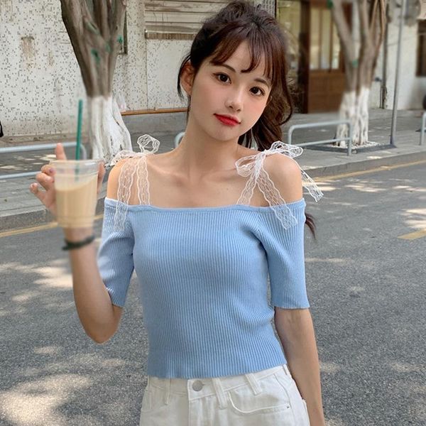 

women's t-shirt summer solid color sweet cute lace up casual slim exposed navel short sleeve knitted, White