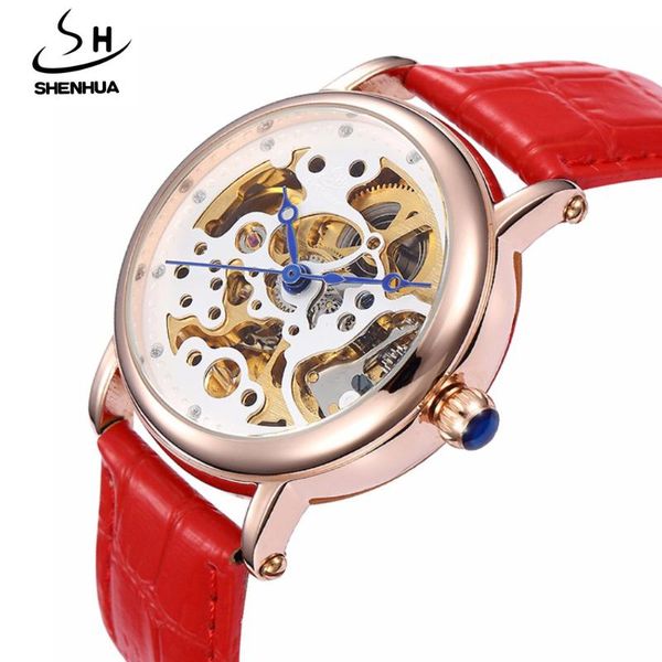 

wristwatches skeleton watches women shenhua automatic self wind mechanical for ladies rose gold watch leather, Slivery;brown