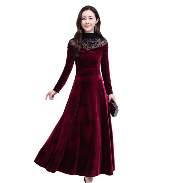 

casual dresses 2021 women's autumn lace stitching dress ladies long sleeves zipper temperament noble gold velvet female e381, Black;gray