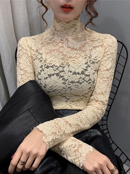 

t shirt spring winter tshirt women shirt hollow perspective long-sleeve blusas femme lace t shirts, White