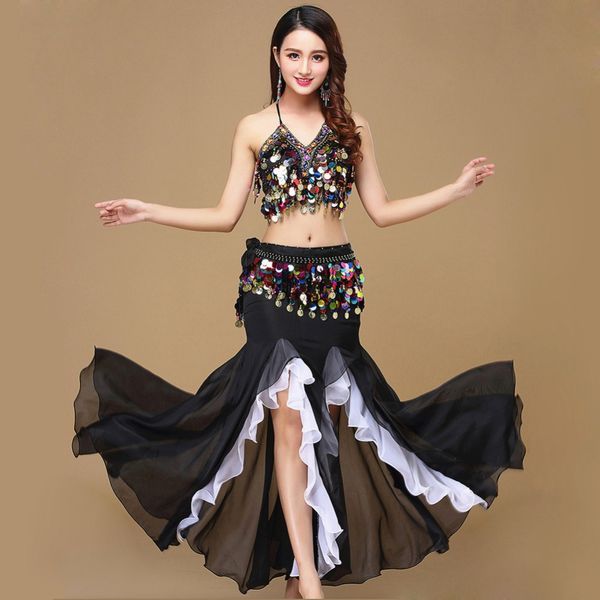 

10 colors belly dance skirt costume women dance coins for slim gilrs bellydance sequins beaded outfits bra belt skirt, Black;red