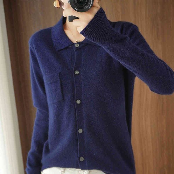 

women's knits & tees 2021 wool pure cashmere sweater knitted neck polo cardigan fall and winter fine, White
