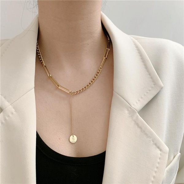 

hiphop titanium chain chokers necklaces for women punk jewelry metal five coin pendant necklace female vintage y bijoux 2021, Silver