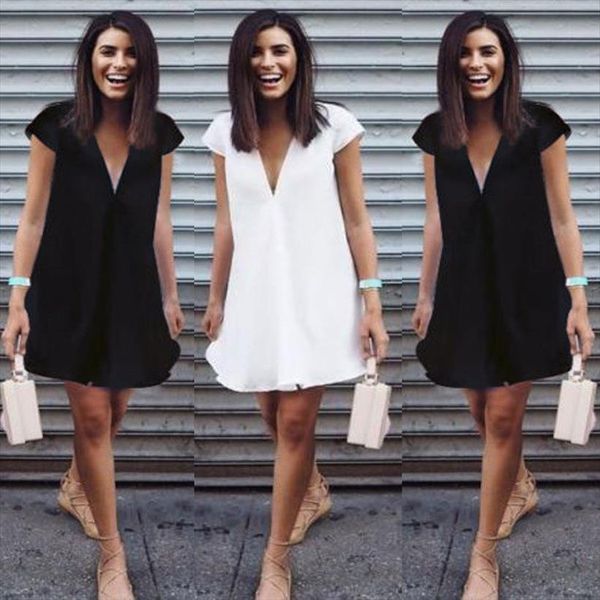 

casual short sleeve v neck womens dresses mini summer nigh wear loose, Black;gray