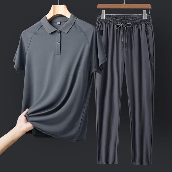 

men's tracksuits comfortable ice silk sports suit summer casual short-sleeved two-piece, Gray