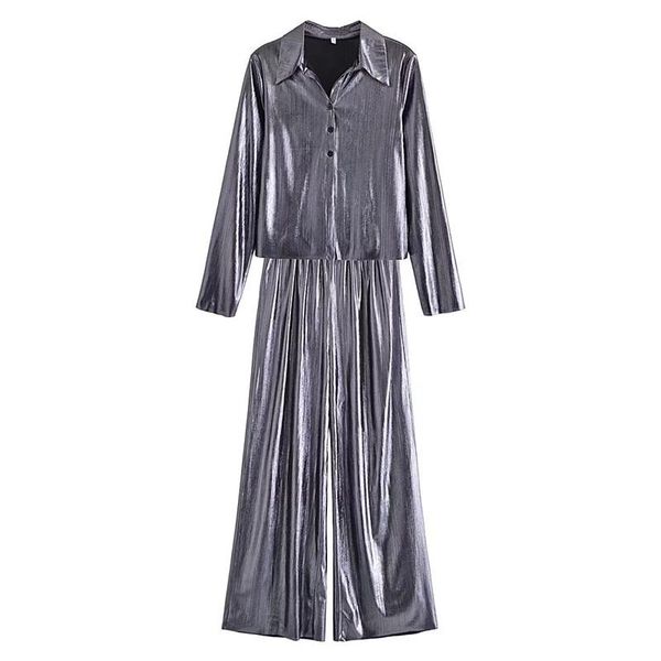 

women's two piece pants women 2022 fashion silver fabric two-piece set lapel button shirt female elastic loose trousers streetwear, White