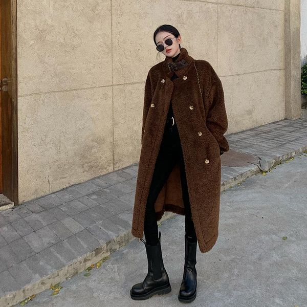 

women's wool & blends lamb like coat 2021 autumn and winter thickened medium long korean double faced cashmere, Black
