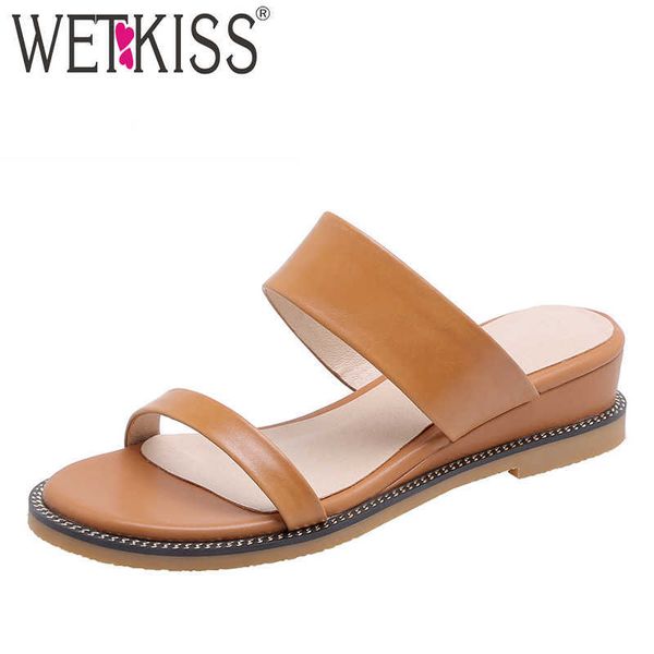

wetkiss wedges slippers women summer slides shoes cow leather mules shoes female metal decoration fashion casual shoes lady 210630, Black