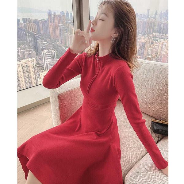 

casual dresses women 2021 spring autumn a-line dress female long sleeve slim knitted sweater ladies vintage elegant vestidos c279, Black;gray
