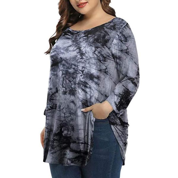 

plus size t-shirt 2021 tie-dye oversized t shirt ladies solid pullover womens o neck 3/4 sleeve loose blouse clothing ropa mujer, Black