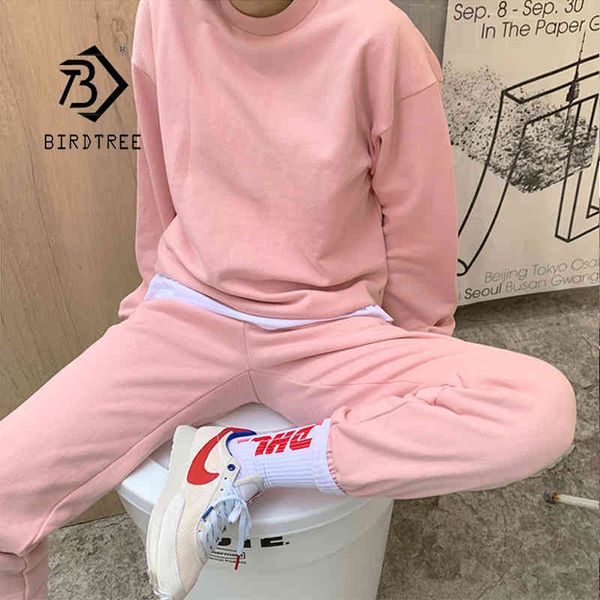 

spring new women fleece thick vintage cotton solid tracksuit 2 piece set o-neck sweatshirt jogger pants warm sportswear suits s0 210430, White
