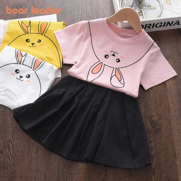 Urso Líder Meninas Princesa Dos Desenhos Animados Bunny Roupas Sets Kids Bebê T-shirt e Saia Roupas Crianças Preppy Casual Casual Terno bonito 2-6Y 210708