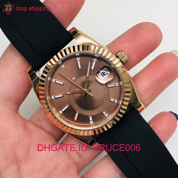 

high cost effective mens sky dweller rubber strap watch automatic mechanical 42mm yellow gold 326238 sapphire full function small dial worki, Slivery;brown