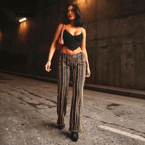 

women's jeans vintage 90s aesthetic tassel women low waist straight leg pants contrast stitched distressed denim trousers 2021, Blue