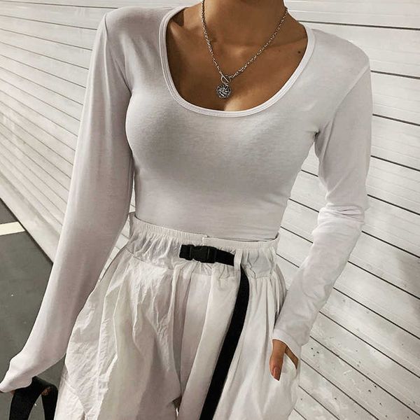 

2021 autumn dress style women's fashion foreign big u-neck long sleeve t-shirt popular white base coat early autumn