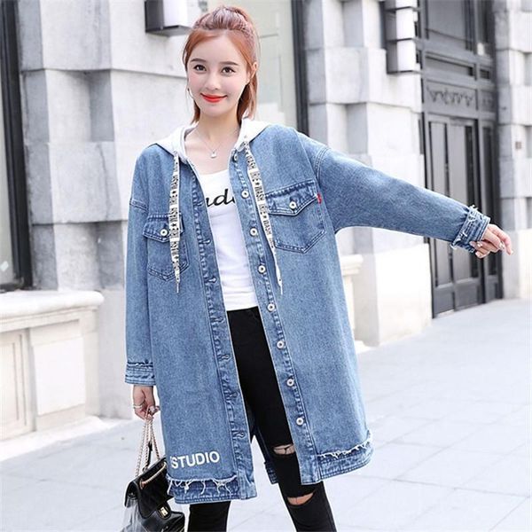 

women's trench coats 2021 spring autumn plus size hooded letters print long jeans women windbreaker casual denim jacket student basic o, Tan;black