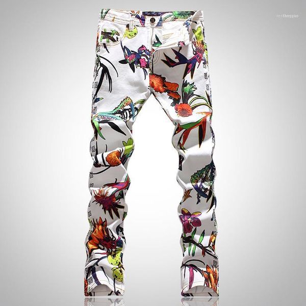 

men's jeans fashion slim flower print male painted denim pants colored drawing long trousers 1, Blue