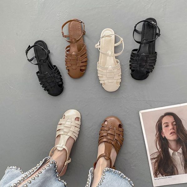 

sandals shoes luxury clear heels suit female beige 2021 summer all-match fashion black comfort retro closed flat gladiator