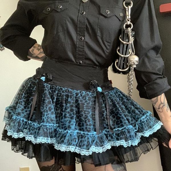 

skirts leopard printing lace lolita gothic harajuku a line pleated skirt girls stage show costumes prepply stylish mini puffy, Black