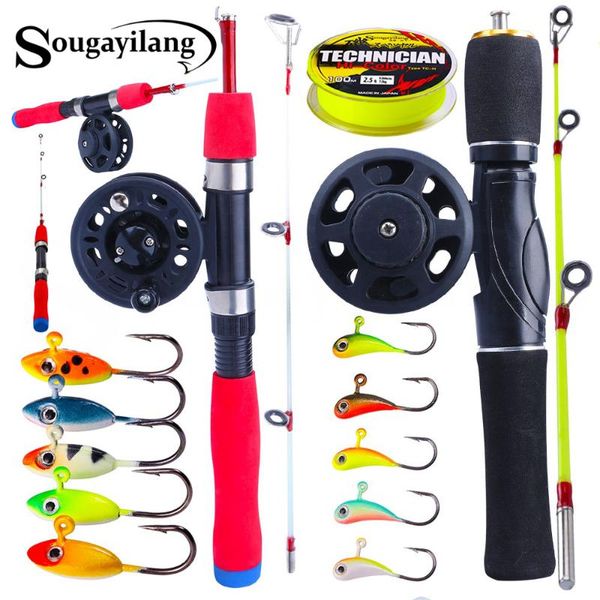 

sougayilang 2 sections of detachable 62cm ice fishing rod with spinning winter reel and 100m line 10pcs jig hooks combo