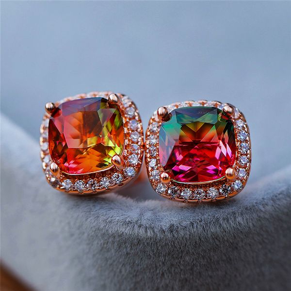 Estilo coreano feminino colorido arco-íris garanhão encantar zircon casamento casamento rosa brincos de ouro para as mulheres