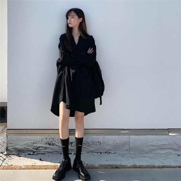

women long shirt dresses autumn korean office lady solid black loose casual irregular for, Black;gray