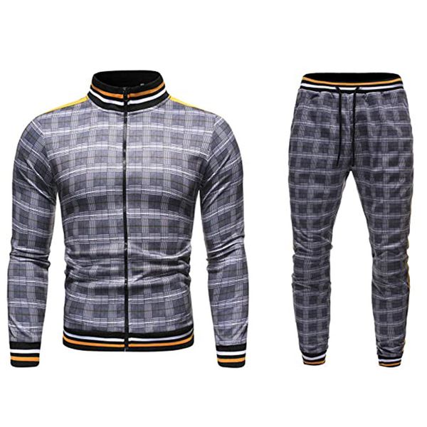 

men sweatsuits 2021 casual plaid pattern mens tracksuits all season jacket + joggers running outerwear men's outfits fashion sets, Gray