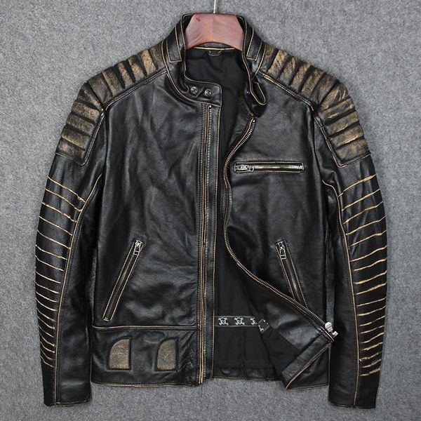 

men's leather & faux nice man vintage motorcycle jacket cow plus size coat, Black