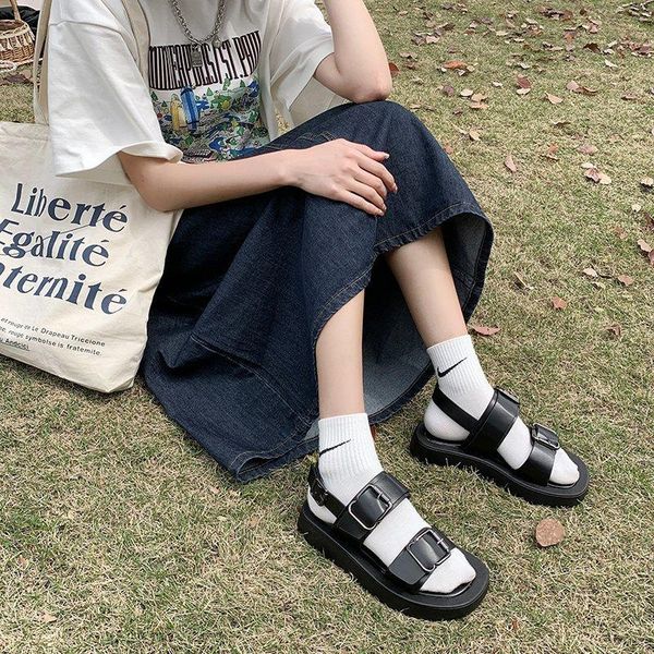 

trifle-soled sandals women's 2021 summer thick-soled belt buckle one-word roman beach x781 dress shoes, Black