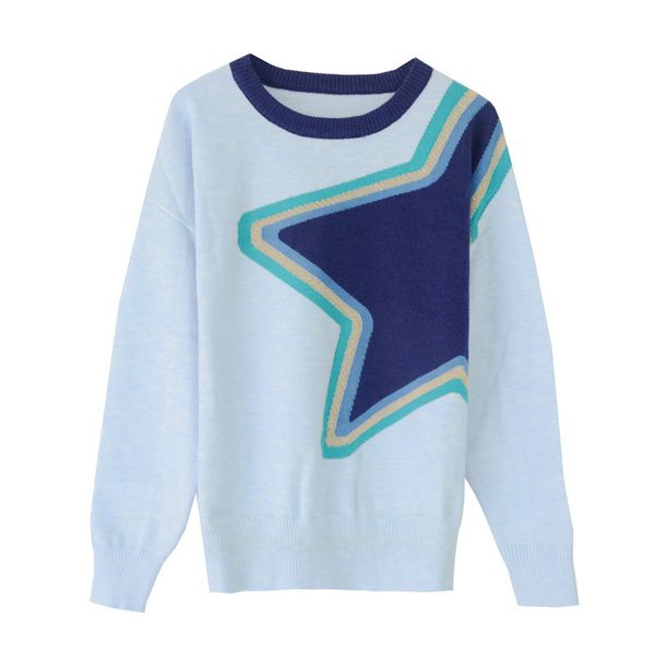 

70% off 2021 early autumn new blue small fresh lovely five pointed star jacquard round neck pullover long sleeve bottomed sweater women, White;black