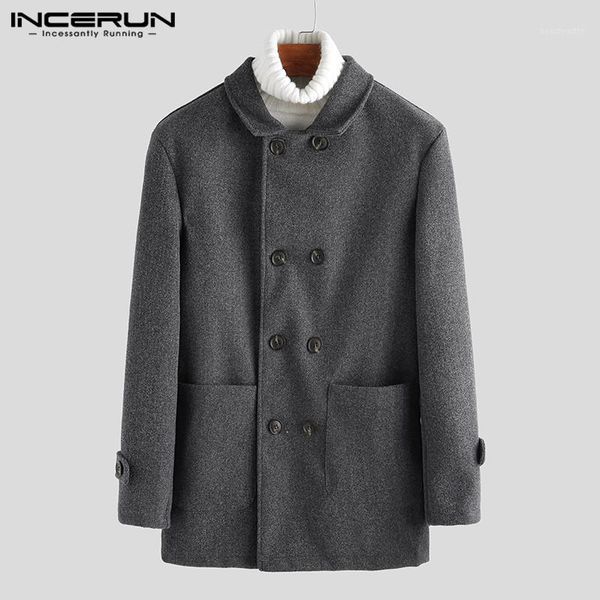 

men woolen coats long sleeve trench solid color jackets double breasted fashion overcoat british style outerwear men's, Tan;black