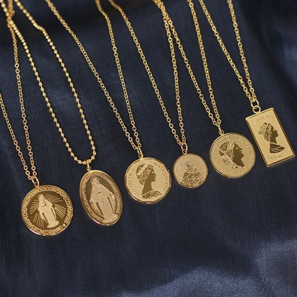 

stainless steel elizabeth coin pendant necklaces 18k golden minimalist layered rome necklace women men jewelry friendship gift chokers, Golden;silver