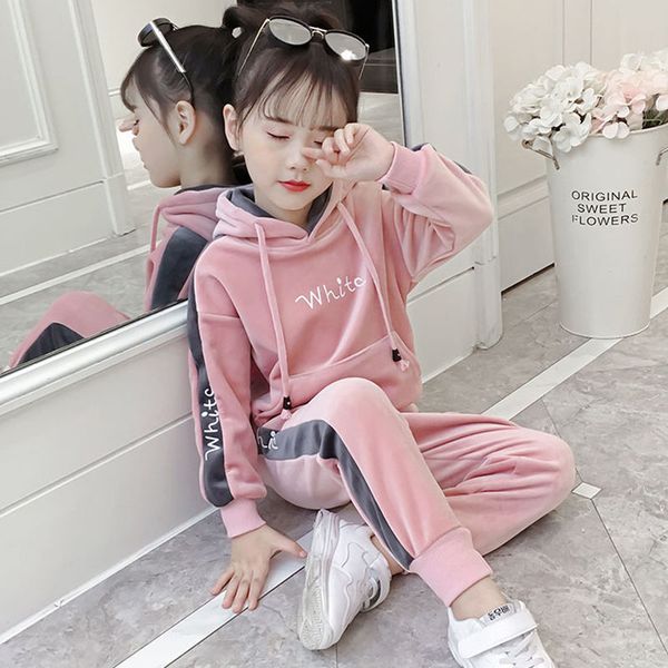 

autumn winter sets for baby girls sportswear soft velvet outfits girl thick clothes casual pants hooded sweatshirt sweatpants 8t, White