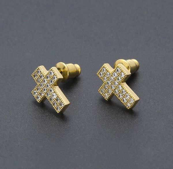 

mens hip hop stud earrings jewelry fashion gold silver zircon cross earring for men, Golden;silver