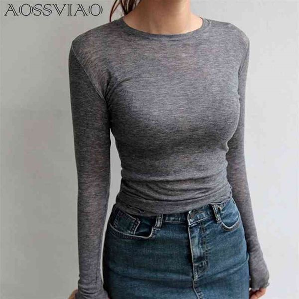 Slim alta qualidade planície camiseta mulheres algodão elástico básico t - shirts feminino casual manga longa sexy t-shirt fina ver através de 210324