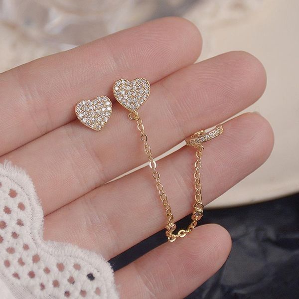 

stud korean 14k real gold love heart women earring feminia temperament tassel zircon ear bone earrings wedding jewelry, Golden;silver