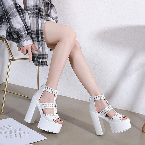 

dress shoes rivets womens ankle strap block heel sandals ladies platform on summer comfortable gladiator lady 15cm, Black